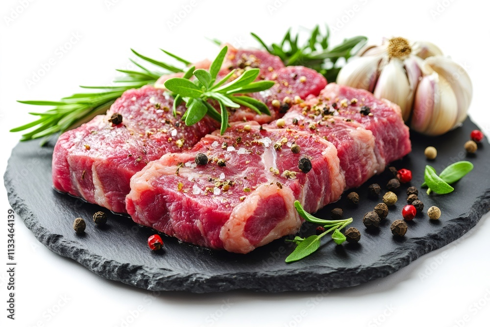 Fresh raw beef steaks with herbs and spices on black stone plate Fresh raw beef steaks with herbs and spices on black stone plate