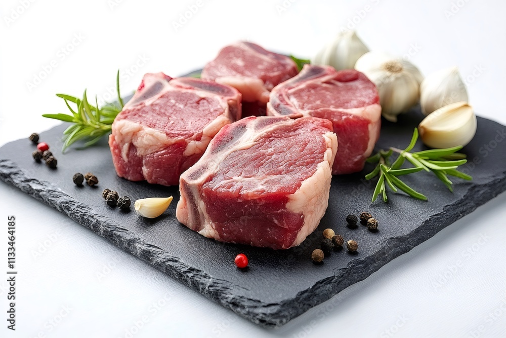Fototapeta premium Fresh lamb chops with garlic and rosemary resting on slate plate