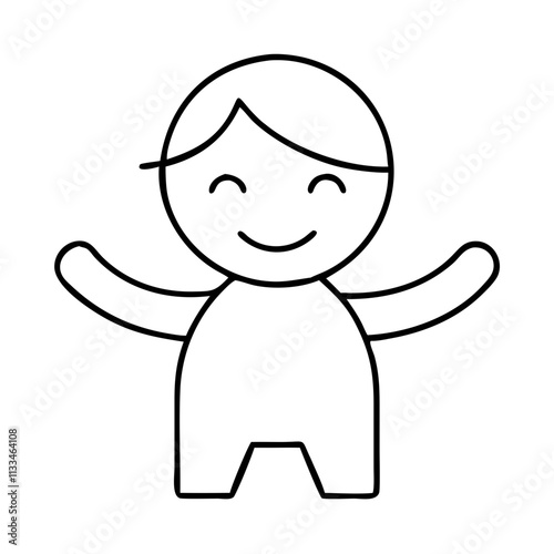 A cute minimalist black outline icon of smiling character with open arms,  symbolizing joy and friendliness.