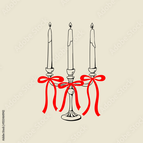 Elegant vintage candles with red bow. Vector hand drawn illustration of candelabrum with ribbons. Retro coquette aesthetic