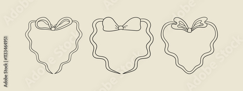 Set of wavy heart shaped hand drawn frames with bows. Vector outline illustration in retro coquette aesthetic