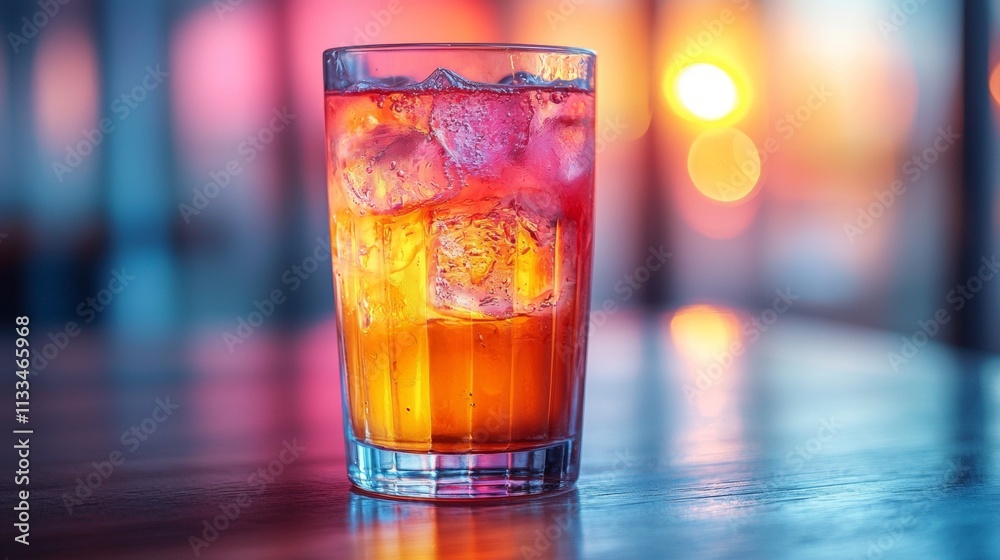 Refreshing iced drink in glowing sunset colors Refreshing iced drink in glowing sunset colors