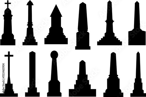 Set of different obelisks isolated on white background