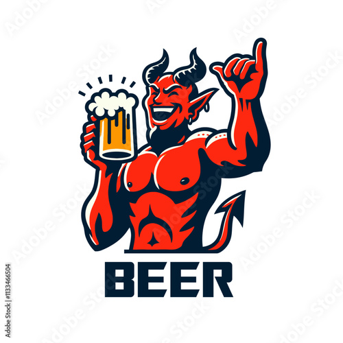 Cheerful devil with horns and a tail holding a beer mug and making a shaka hand sign. Bold isolated vector illustration perfect for bar logos, party branding, and fun themes.