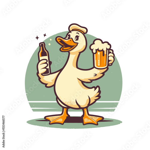 Cheerful duck holding a beer bottle and mug, standing in front of a vibrant circular background. High-quality isolated vector illustration perfect for party branding and fun projects. photo