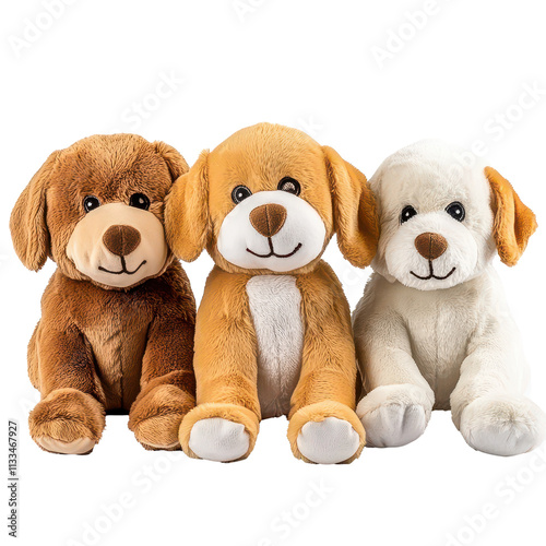 Three adorable stuffed dogs sitting together against a plain transparent background ready for playtime, 3 stuffed dog isolated on transparent background