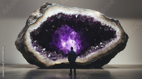 A person stands in awe before a massive amethyst geode, showcasing its captivating purple crystals. photo