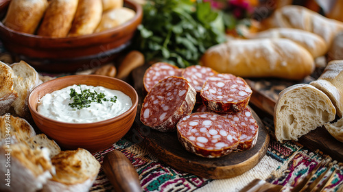 Sliced lukanka sausage with bread and dip on a rustic table photo