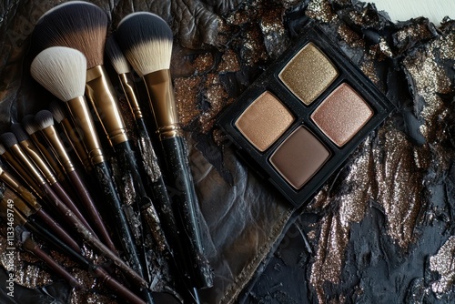 A grunge-inspired flat lay with shimmering bronzers, glitter-infused blushes, and metallic brushes, displayed with a distressed leather dress.