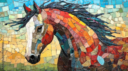 A mosaic-style depiction of a horse using vibrant tiles and textures. photo