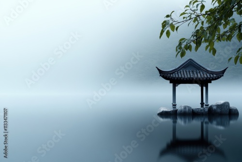 zen garden serenity, early morning mist wisps above a peaceful chinese garden, where water and stone harmonize, accompanied by distant bird chirps photo