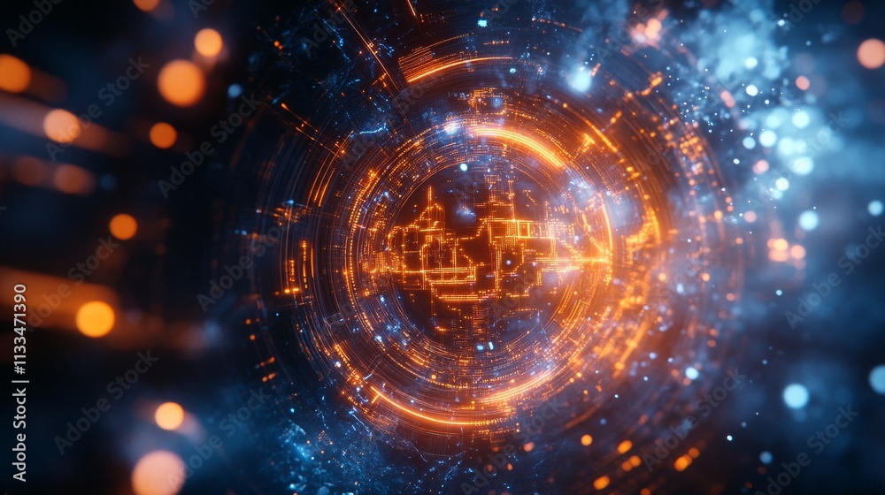 Obraz premium A high-tech, glowing circular digital interface radiates vibrant orange and blue energy in a futuristic, abstract design. The image represents technology, innovation, and data processing in a digital