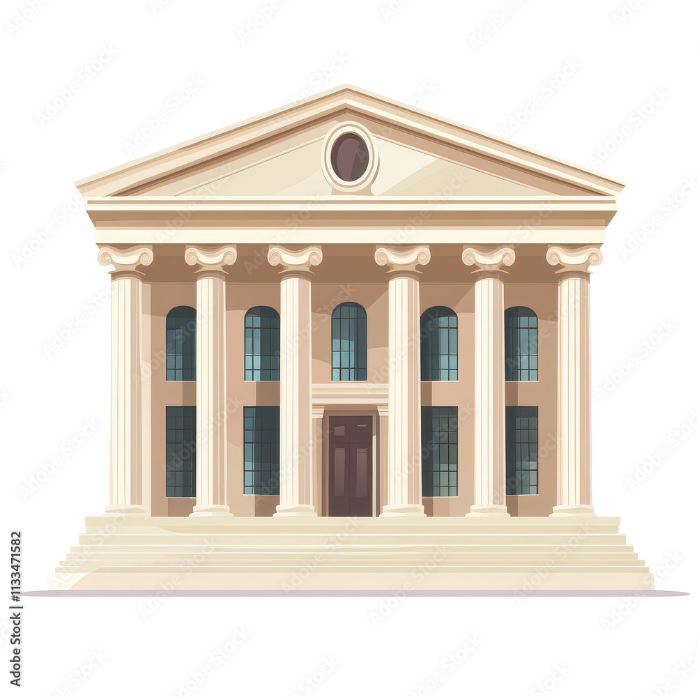 Fototapeta premium Stylized depiction of a grand bank or court building with classic columns and a cartoonish transparent background, Bank or court building with cartoon style transparent background
