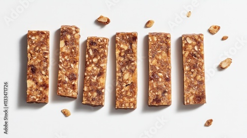 Five granola bars arranged on white background with scattered nuts.
