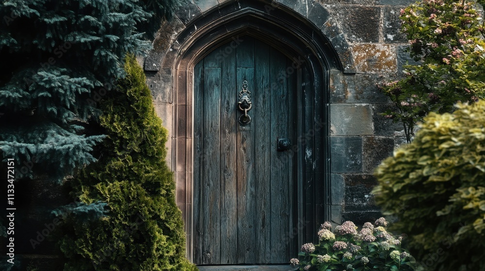 Rustic Wooden Door Framed by Lush Greenery in Serene Setting Rustic Wooden Door Framed by Lush Greenery in Serene Setting