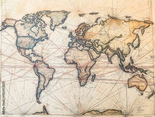 Weltkarte mit alten Linien und geografischen Details

