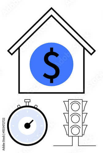 House with dollar sign timer traffic light. Ideal for financial planning, time management, decision-making, budgeting, savings, home economics, investments. Line metaphor