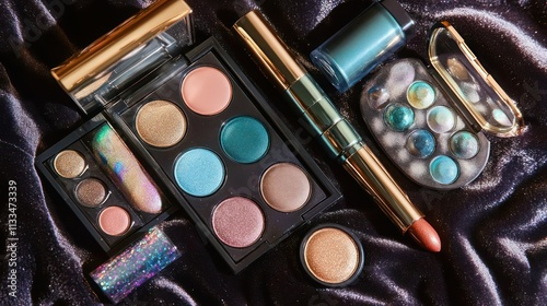 A luxurious flat lay of shimmering eyeshadow palettes, matte lipsticks, and holographic nail polishes, set against a velvet background.