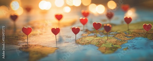 A map of the world with heartshaped pins marking different cities, symbolizing love connections across the globe