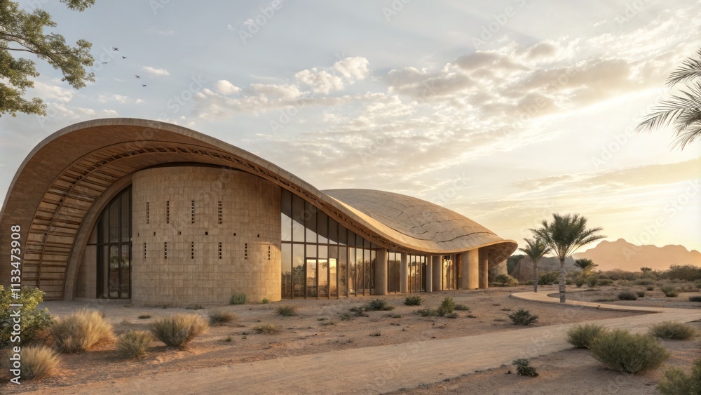 Obraz premium Innovative Eco-Friendly Mud Brick Building with Elevated Tin Roof for Natural Cooling