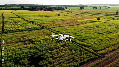 Agricultural drone planting seeds across a large, open field.