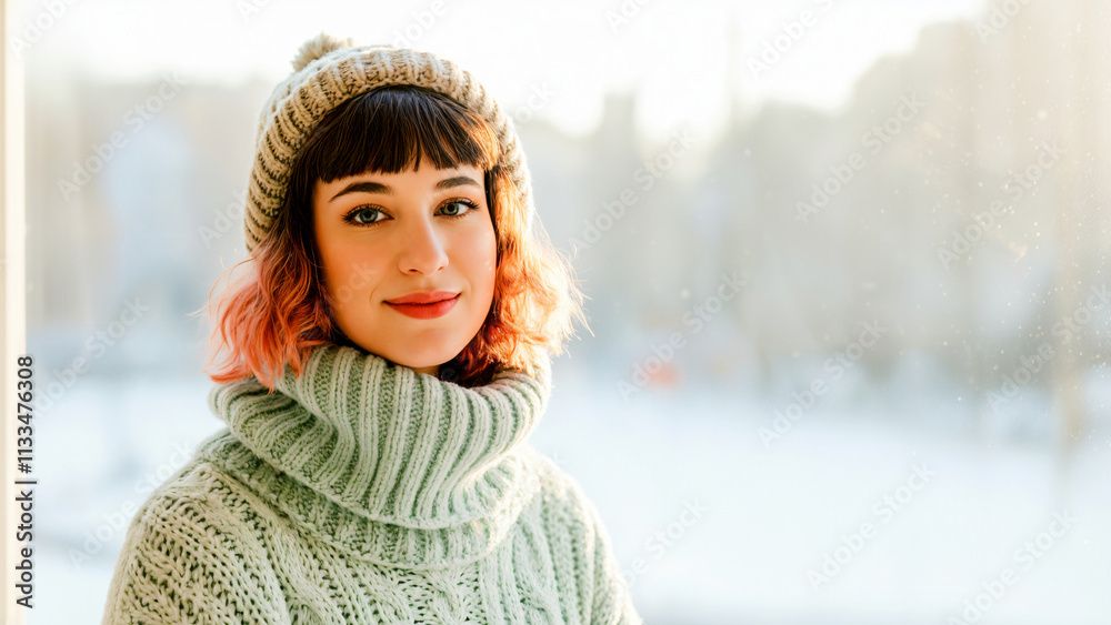 Cozy winter portrait of a young woman in knitted sweater and beanie with sunlit snowy background Cozy winter portrait of a young woman in knitted sweater and beanie with sunlit snowy background