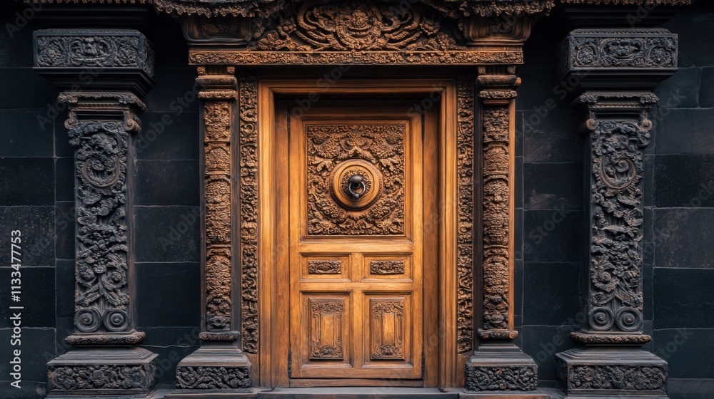Fototapeta premium Intricately Carved Wooden Doorway with Decorative Stone Columns