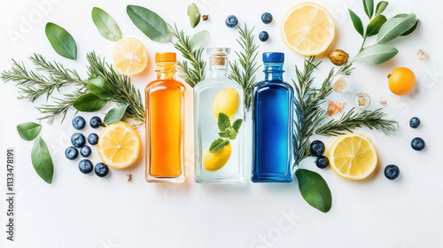 A beautifully styled gin bottle with lemons, herbs, flowers, and a glass of gin and tonic, promoting the celebration of botanicals during Ginuary. photo