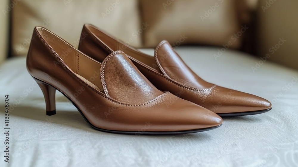 Fototapeta premium Pair of elegant light brown leather pointed-toe pumps with a low stiletto heel.