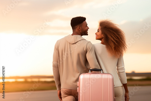 Duo at airport, anticipating boarding to start their journey together. Discounted airfare. photo