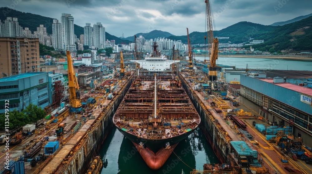 Obraz premium Ship Repair Yard with Large Vessel and City Landscape in Background