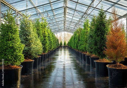 A wide shot of many large potted trees in black pots lined up along the interior wall of an expansive greenhouse. photo