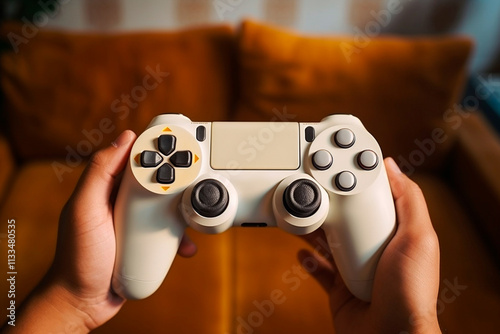 Gaming enthusiast at home holding a video game controller during a game. photo