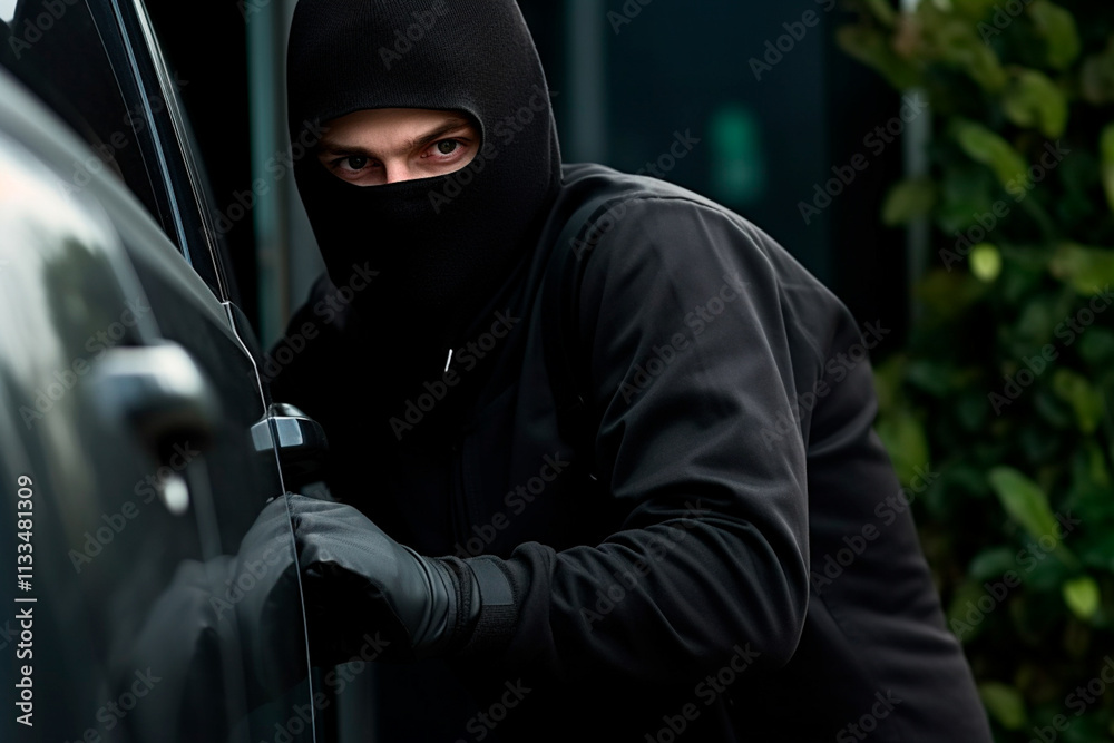 Protection against car theft with a man approaching a car to break into it under the moonlight. Protection against car theft with a man approaching a car to break into it under the moonlight.