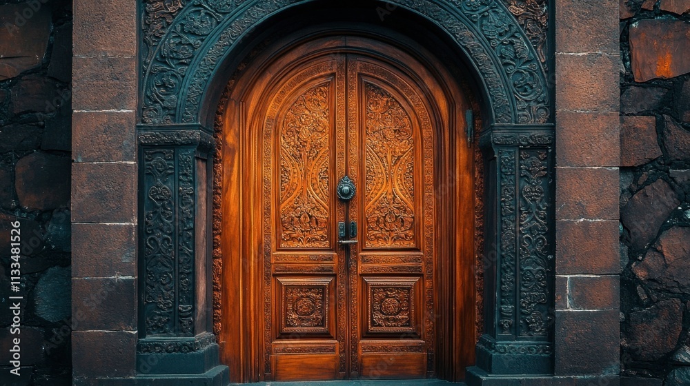 Obraz premium Intricately Carved Wooden Door with Textured Stone Wall Surrounding