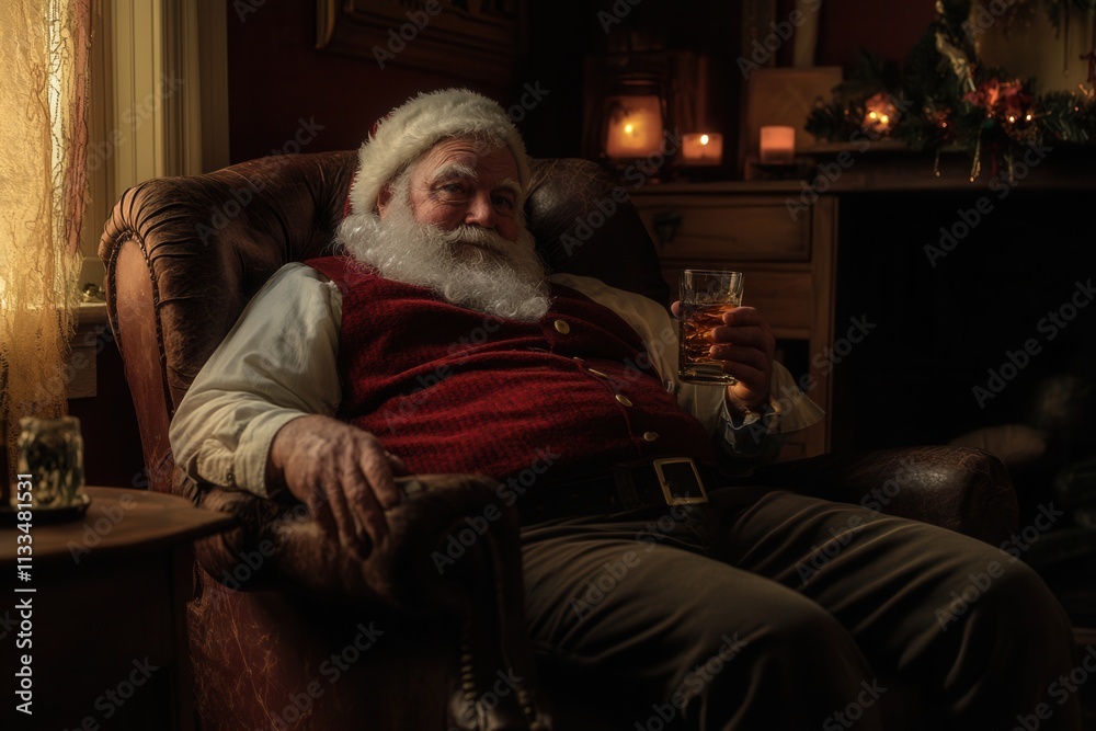 Santa claus relaxing with whiskey in cozy christmas atmosphere Santa claus relaxing with whiskey in cozy christmas atmosphere