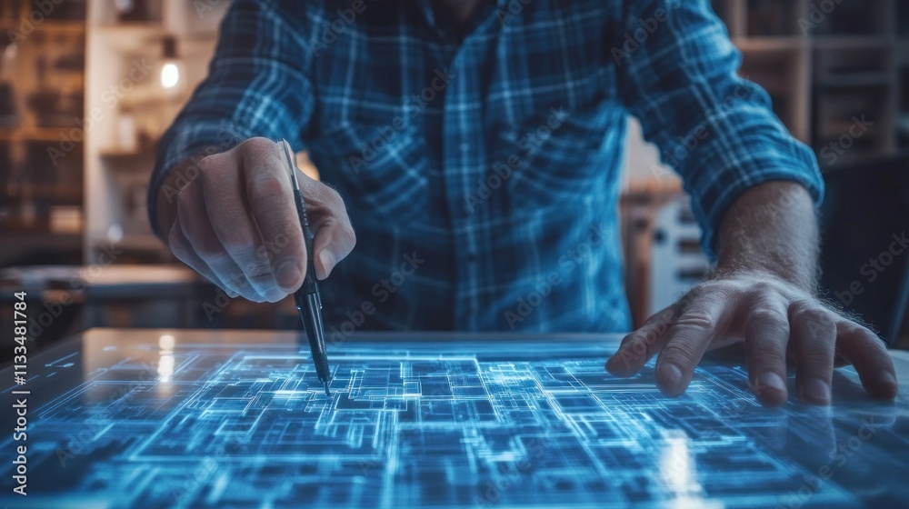 Innovative Tech Design: A Man Uses a Stylus on a Futuristic Interface Innovative Tech Design: A Man Uses a Stylus on a Futuristic Interface