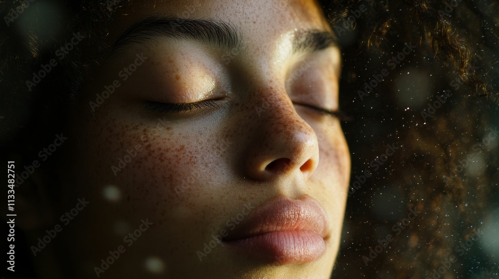 Close-up, freckled face, eyes closed, peaceful expression. Close-up, freckled face, eyes closed, peaceful expression.