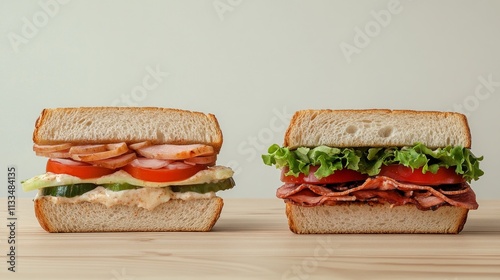 Side view of two sandwiches with fresh ingredients like tomato, lettuce, and sliced meats, served on white bread. These sandwiches are perfect for promoting homemade or casual dining options with a