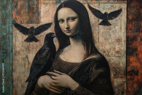 Mona lisa holding a raven with other birds flying in the background
