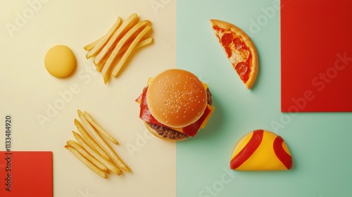 Abstract shapes of burgers, pizza slices, and fries create a playful composition on vibrant colored backgrounds, evoking a fun dining experience. Generative AI photo