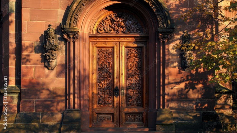 Fototapeta premium Intricate Wooden Door with Carvings and Decorative Architecture