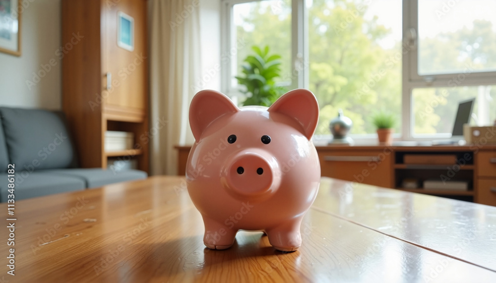 Cute pink piggy bank on a wooden table in a cozy living room setting Cute pink piggy bank on a wooden table in a cozy living room setting