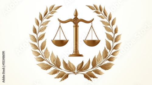 Golden scales of justice emblem encircled by laurel wreath.