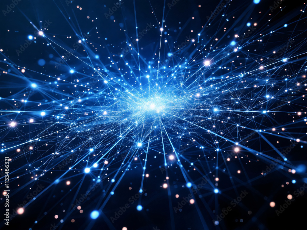 Fototapeta premium Network, Connectivity, Digital, Technology, Nodes, Lines, Dots, Blue, Glowing, Web, Internet, Data, Information, Communication, Links, Grid, Matrix, Cyberspace, Virtual, Online, Interconnected, Wires,