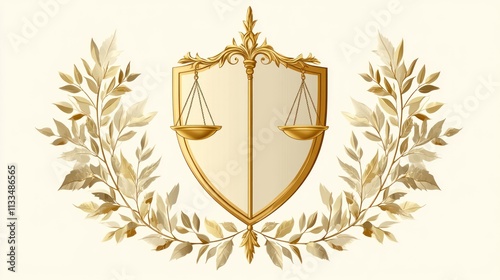 Ornate golden shield emblem with scales of justice.