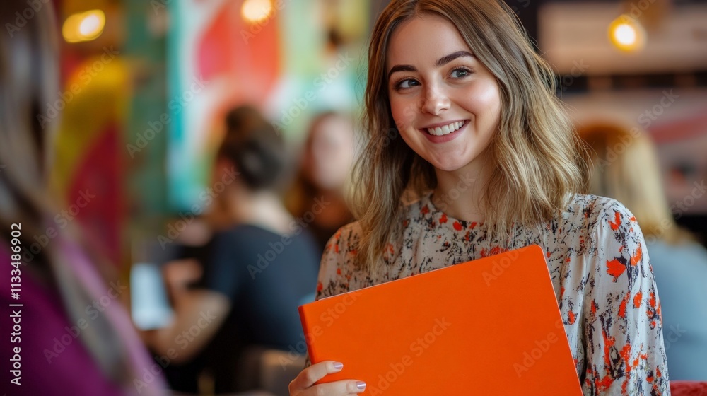 A young woman smiles while holding an orange folder in a vibrant cafe filled with people. Bright colors create a joyful atmosphere.