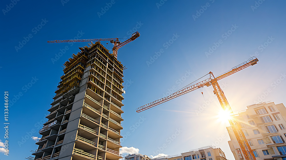 Fototapeta premium construction site for a large building with a clear blue sky background
