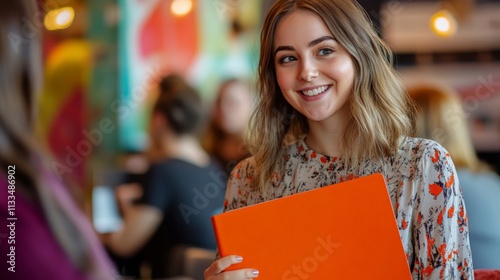 Obraz na płótnie A young woman smiles while holding an orange folder in a vibrant cafe filled with people. Bright colors create a joyful atmosphere. w salonie