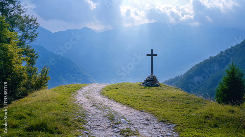 A serene image featuring a Christian cross standing gracefully beside a mountain path.